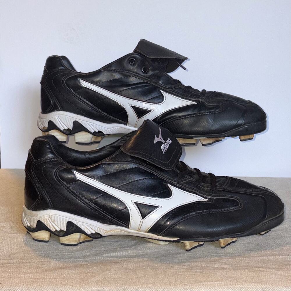 Mizuno 9 Spike Baseball Cleats Mens 12 Black White Leather Molded Spikes Shoes